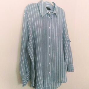 NWT Lane Bryant Tunic Linen Blend Green White Striped Button Up Long Line  14/16